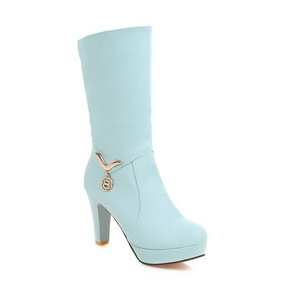 Pu Leather Almond Toe Metal Rhinestone Pendants Block Chunky Heel Platform Mid Calf Boots for Women