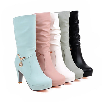 Pu Leather Almond Toe Metal Rhinestone Pendants Block Chunky Heel Platform Mid Calf Boots for Women