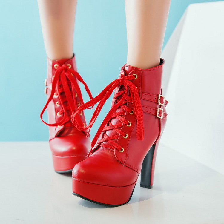 Pu Leather Almond Toe Lace Up Buckle Straps Block Chunky Heel Platform Short Boots for Women