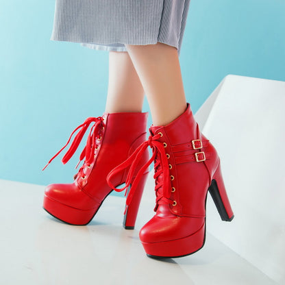 Pu Leather Almond Toe Lace Up Buckle Straps Block Chunky Heel Platform Short Boots for Women