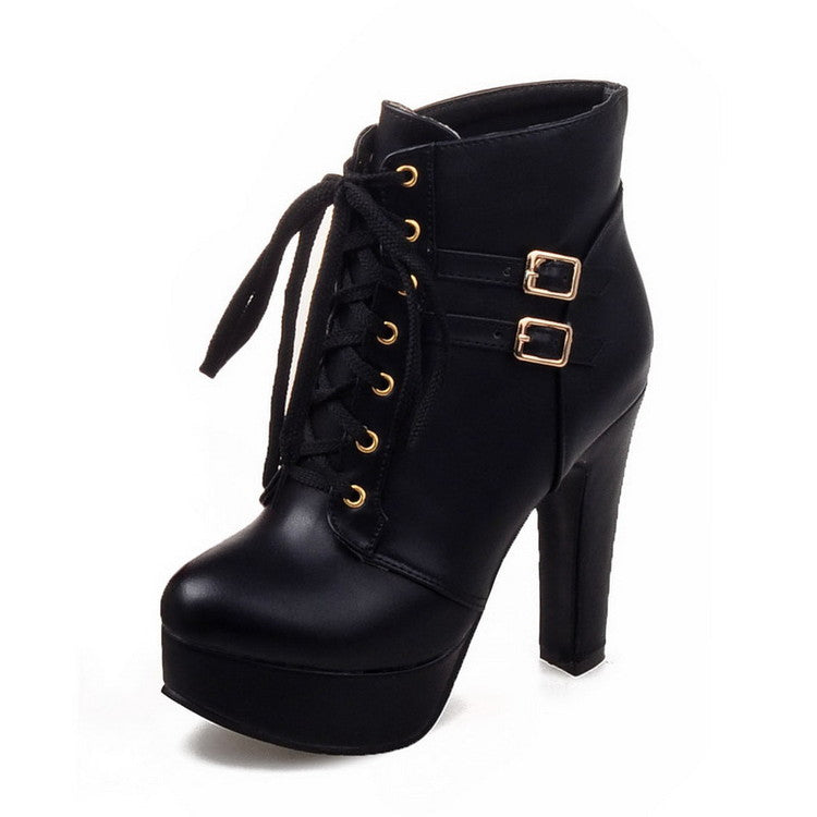 Pu Leather Almond Toe Lace Up Buckle Straps Block Chunky Heel Platform Short Boots for Women