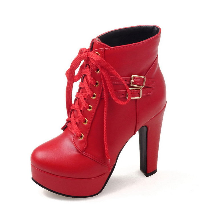 Pu Leather Almond Toe Lace Up Buckle Straps Block Chunky Heel Platform Short Boots for Women