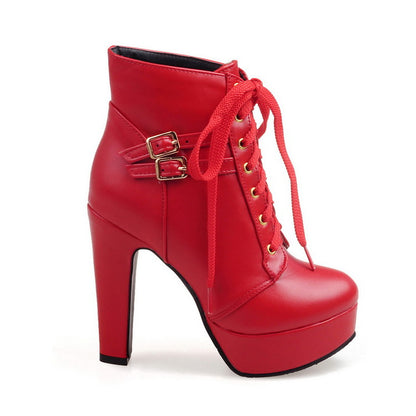 Pu Leather Almond Toe Lace Up Buckle Straps Block Chunky Heel Platform Short Boots for Women