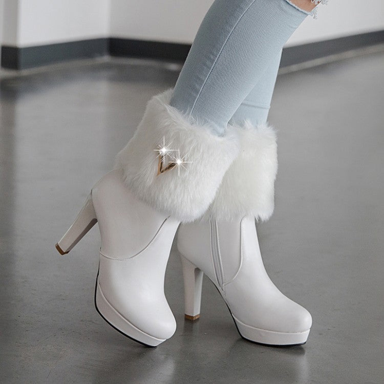 Pu Leather Round Toe Furry Rhinestone Block Chunky Heel Platform Short Boots for Women
