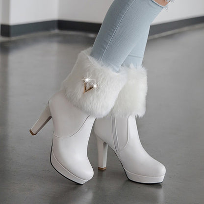 Pu Leather Round Toe Furry Rhinestone Block Chunky Heel Platform Short Boots for Women