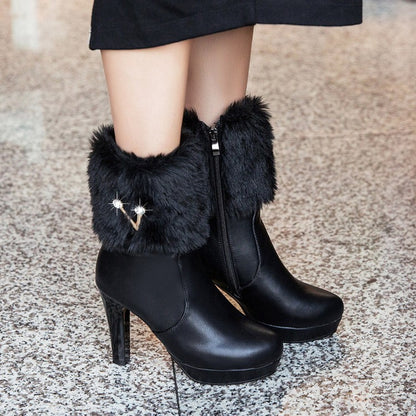 Pu Leather Round Toe Furry Rhinestone Block Chunky Heel Platform Short Boots for Women