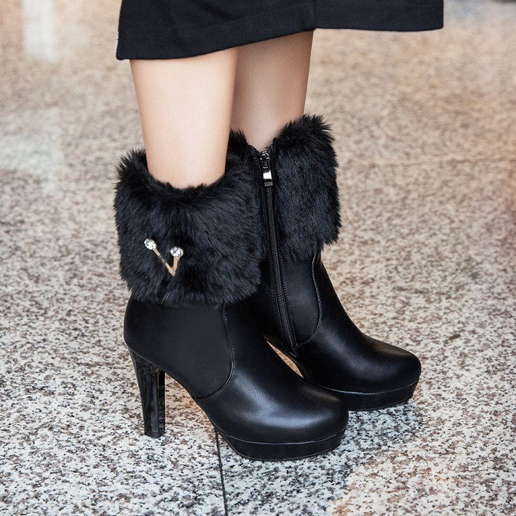 Pu Leather Round Toe Furry Rhinestone Block Chunky Heel Platform Short Boots for Women