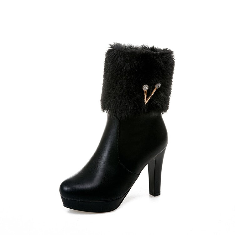 Pu Leather Round Toe Furry Rhinestone Block Chunky Heel Platform Short Boots for Women