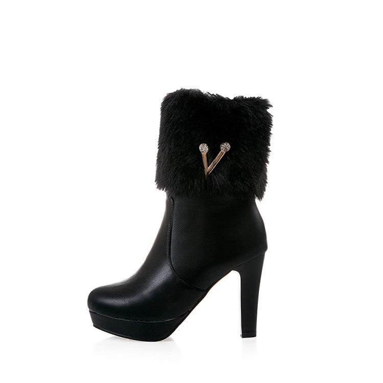 Pu Leather Round Toe Furry Rhinestone Block Chunky Heel Platform Short Boots for Women