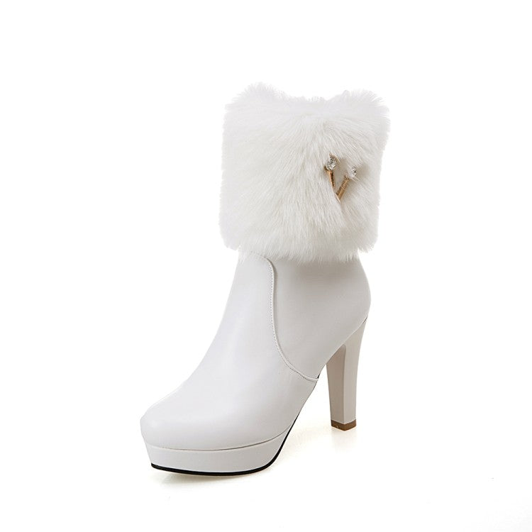 Pu Leather Round Toe Furry Rhinestone Block Chunky Heel Platform Short Boots for Women