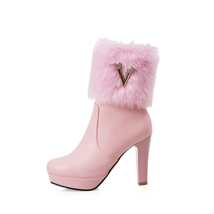 Pu Leather Round Toe Furry Rhinestone Block Chunky Heel Platform Short Boots for Women