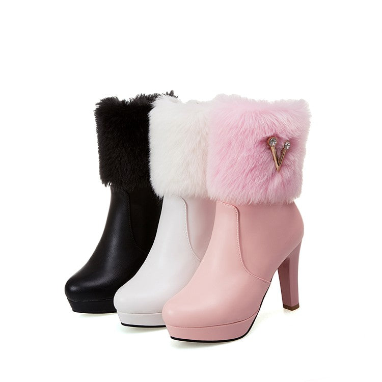Pu Leather Round Toe Furry Rhinestone Block Chunky Heel Platform Short Boots for Women