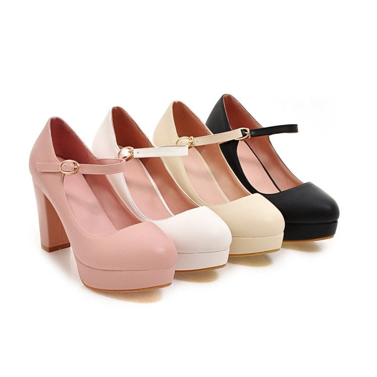 Ladies Pu Leather Almond Toe Ankle Strap Block Heels High Heel Platform Pumps