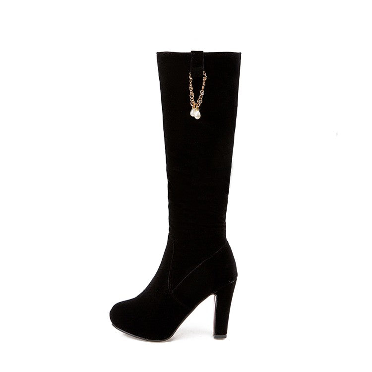 Flock Side Zippers Pearls Chains Block Chunky Heel Platform Knee High Boots for Women