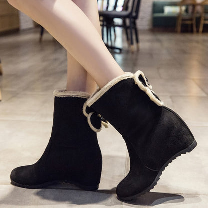 Round Toe Furry Bowtie Inside Heighten Ankle Boots for Women