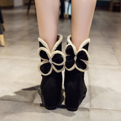 Round Toe Furry Bowtie Inside Heighten Ankle Boots for Women