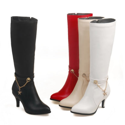 Pu Leather Pointed Toe Metal Stars Chains Side Zippers Kitten Heel Knee High Boots for Women