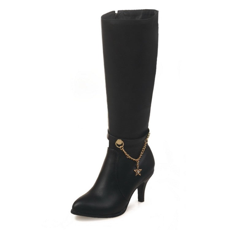 Pu Leather Pointed Toe Metal Stars Chains Side Zippers Kitten Heel Knee High Boots for Women