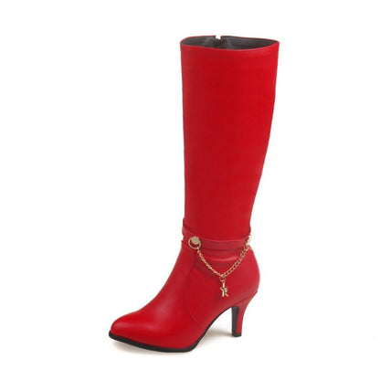 Pu Leather Pointed Toe Metal Stars Chains Side Zippers Kitten Heel Knee High Boots for Women