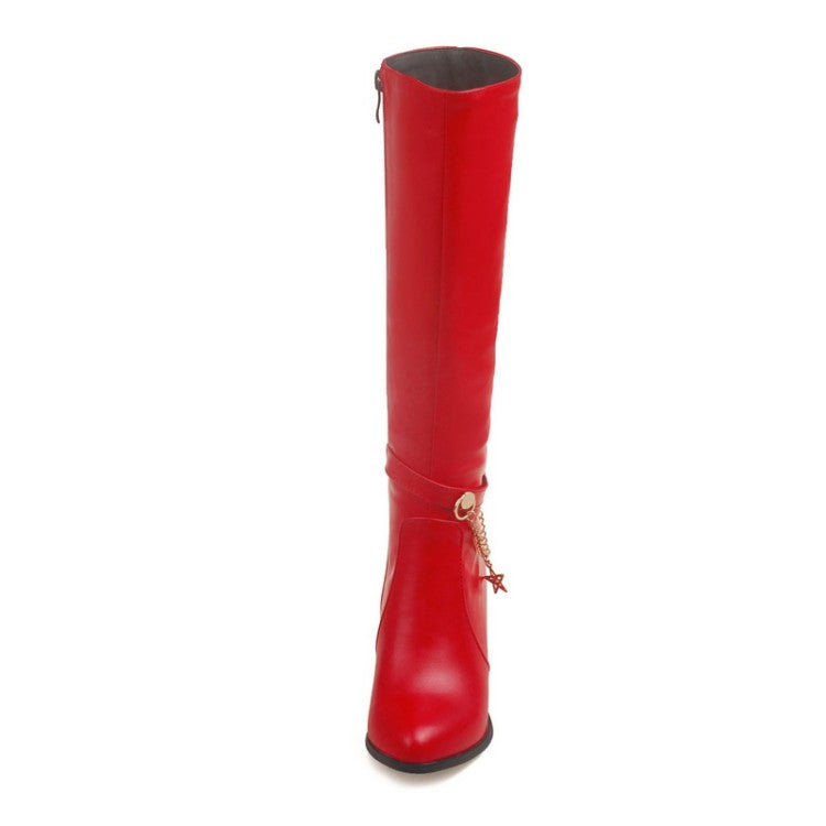 Pu Leather Pointed Toe Metal Stars Chains Side Zippers Kitten Heel Knee High Boots for Women