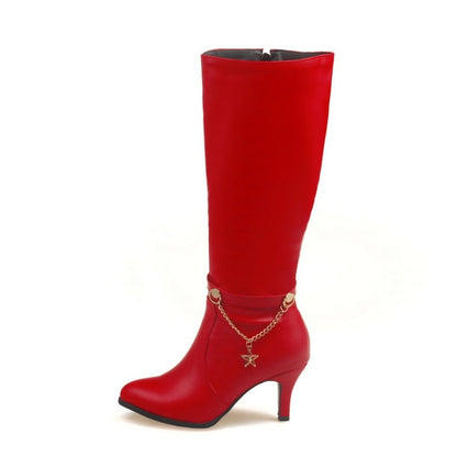 Pu Leather Pointed Toe Metal Stars Chains Side Zippers Kitten Heel Knee High Boots for Women