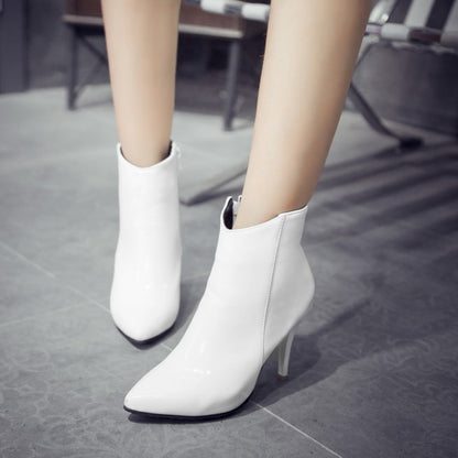 Pu Leather Pointed Toe Side Zippers Stiletto Heel Ankle Boots for Women