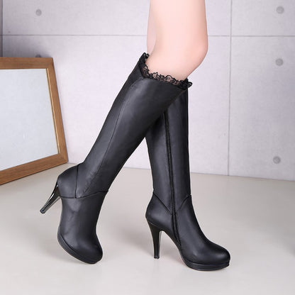 Lace Side Zippers Cone Heel Platform Knee High Boots for Women