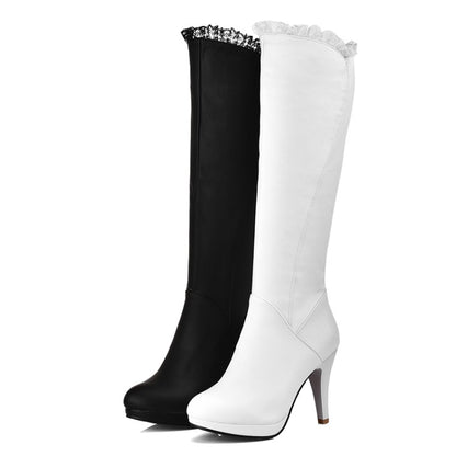 Lace Side Zippers Cone Heel Platform Knee High Boots for Women