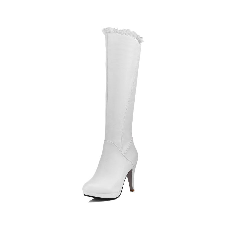 Lace Side Zippers Cone Heel Platform Knee High Boots for Women