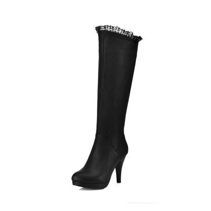 Lace Side Zippers Cone Heel Platform Knee High Boots for Women