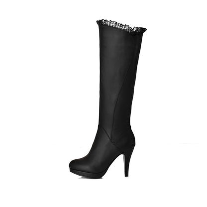 Lace Side Zippers Cone Heel Platform Knee High Boots for Women