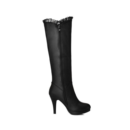 Lace Side Zippers Cone Heel Platform Knee High Boots for Women