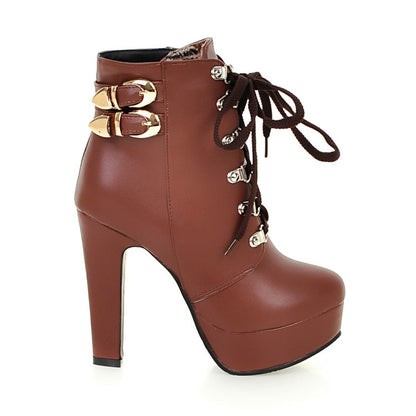 Pu Leather Almond Toe Rivets Lace Up Buckle Straps Block Chunky Heel Platform Short Boots for Women