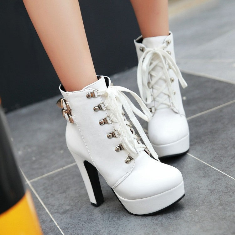 Pu Leather Almond Toe Rivets Lace Up Buckle Straps Block Chunky Heel Platform Short Boots for Women