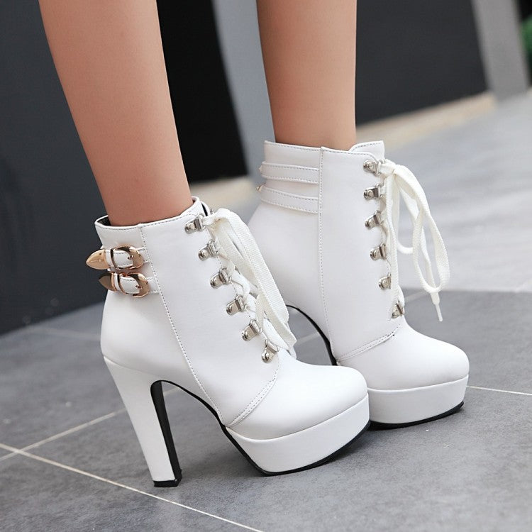 Pu Leather Almond Toe Rivets Lace Up Buckle Straps Block Chunky Heel Platform Short Boots for Women