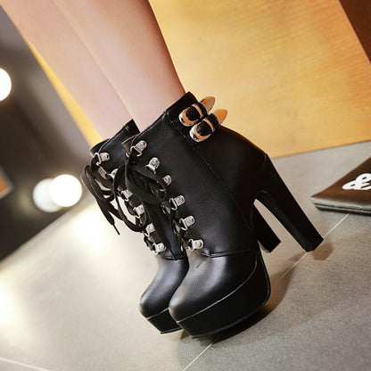 Pu Leather Almond Toe Rivets Lace Up Buckle Straps Block Chunky Heel Platform Short Boots for Women