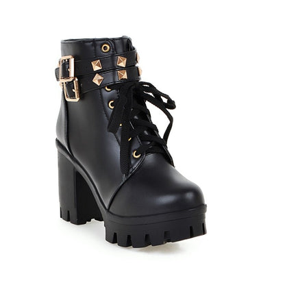 Ladies Pu Leather Belts Buckles Lace Up Block Heel Platform Ankle Boots