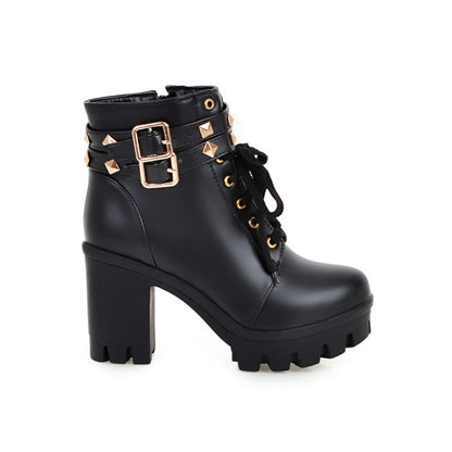 Ladies Pu Leather Belts Buckles Lace Up Block Heel Platform Ankle Boots