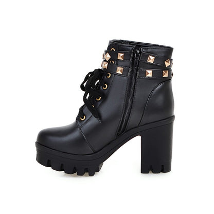 Ladies Pu Leather Belts Buckles Lace Up Block Heel Platform Ankle Boots