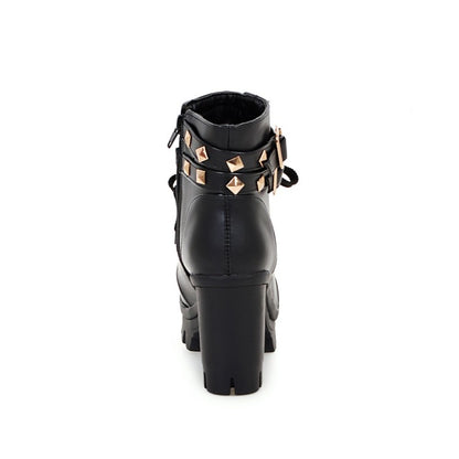 Ladies Pu Leather Belts Buckles Lace Up Block Heel Platform Ankle Boots