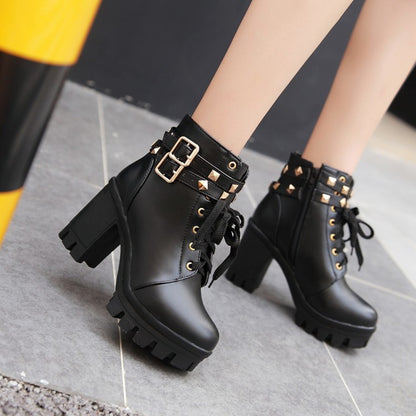 Ladies Pu Leather Belts Buckles Lace Up Block Heel Platform Ankle Boots