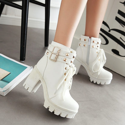 Ladies Pu Leather Belts Buckles Lace Up Block Heel Platform Ankle Boots