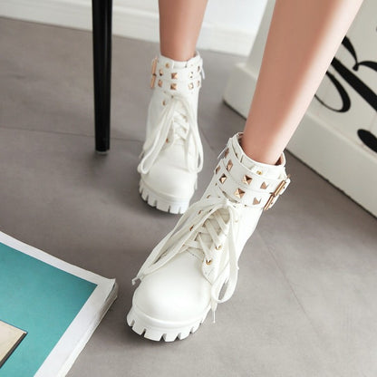 Ladies Pu Leather Belts Buckles Lace Up Block Heel Platform Ankle Boots