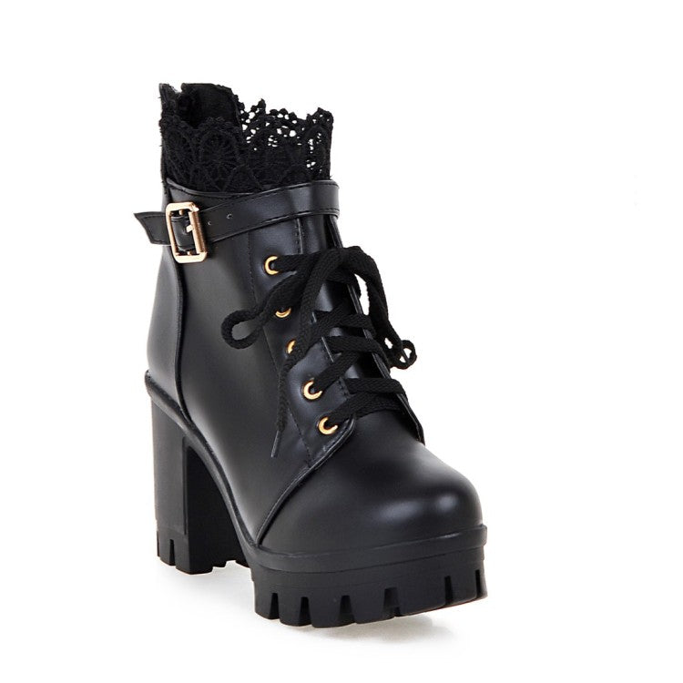 Ladies Round Toe Lace Up Lace Chunky Heel Platform Ankle Boots