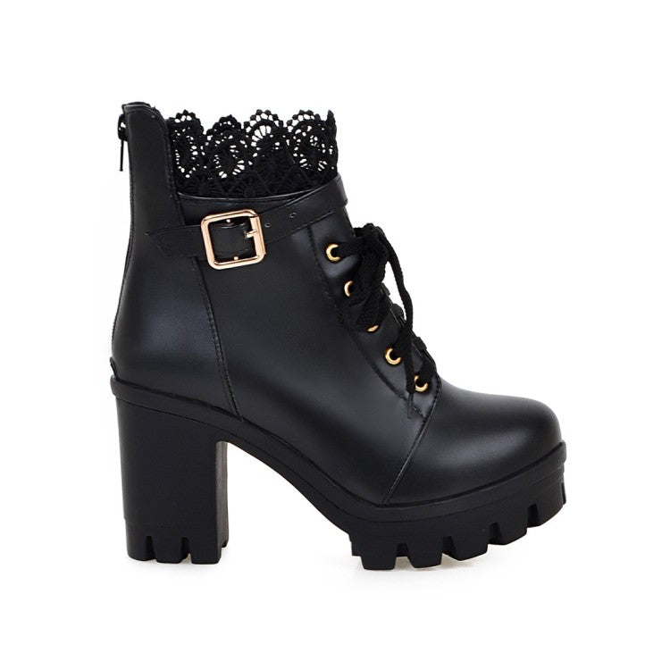 Ladies Round Toe Lace Up Lace Chunky Heel Platform Ankle Boots