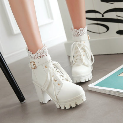 Ladies Round Toe Lace Up Lace Chunky Heel Platform Ankle Boots