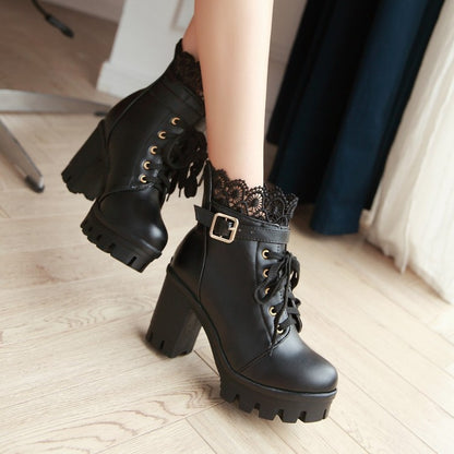 Ladies Round Toe Lace Up Lace Chunky Heel Platform Ankle Boots