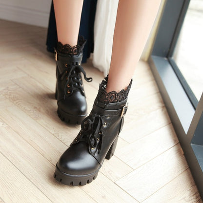 Ladies Round Toe Lace Up Lace Chunky Heel Platform Ankle Boots