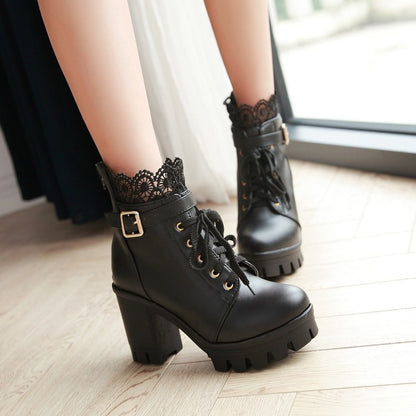 Ladies Round Toe Lace Up Lace Chunky Heel Platform Ankle Boots