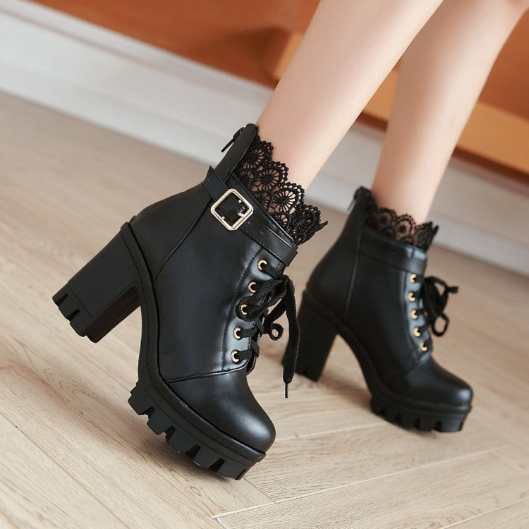 Ladies Round Toe Lace Up Lace Chunky Heel Platform Ankle Boots